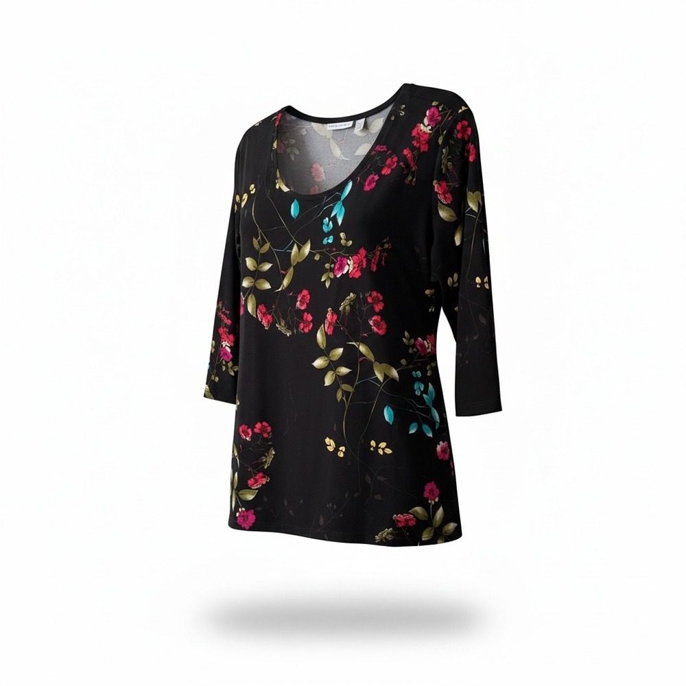 Susan Graver 1X Liquid Knit Floral Hi-Lo Tunic Black Pink Turquoise 3/4 Sleeve